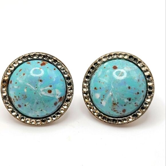 Vintage Screw Back Earrings,  Turquoise  silvertone - Picture 3 of 7